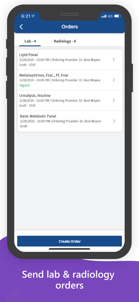 Avalon EMR - Interface of Avalon EMR app displaying a list of lab and radiology orders for a medical professional.