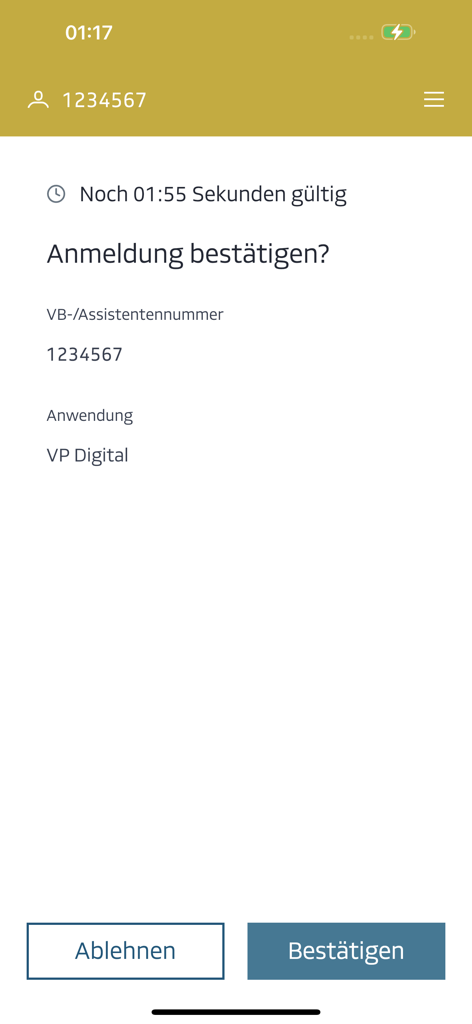 DVAG Login - Benutzeroberfläche der DVAG Login App mit einem sicheren Login-Bestätigungsbildschirm mit Schaltflächen zum Bestätigen oder Ablehnen des Zugriffs