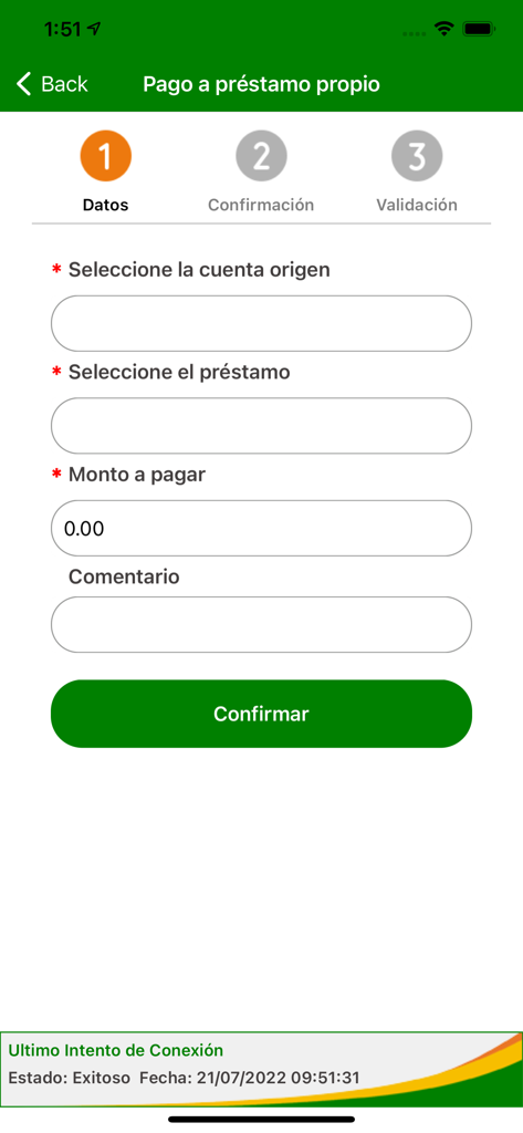 Mobile app screen for making a personal loan payment with fields for account, loan selection, and amount.