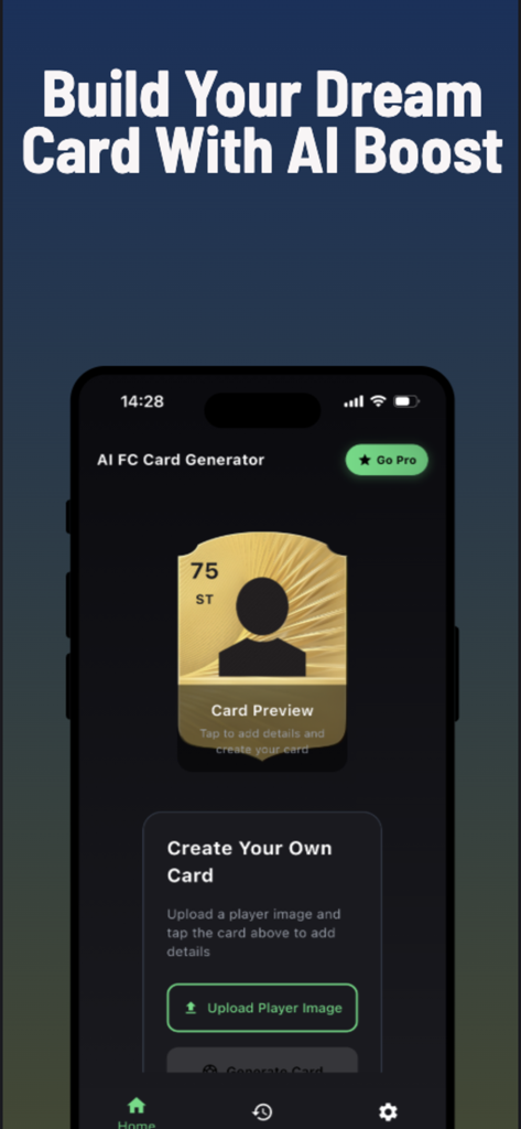 FC 26 Ai Card Generator - Mobile app interface of FC 26 Ai Card Generator with a gold card preview and a button to upload player images.