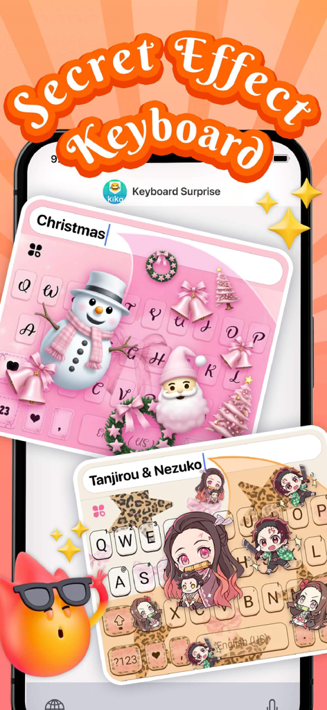 Aplicación Teclado Kika mostrando temas personalizados con personajes de Navidad y anime