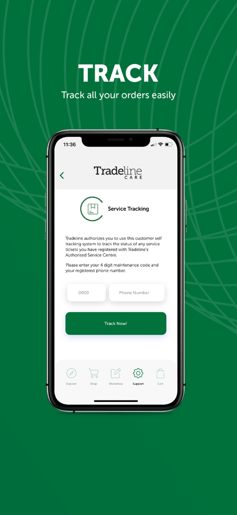 Tradeline Stores - Pantalla de seguimiento de servicio de la aplicación móvil Tradeline Stores mostrando entradas para código de mantenimiento y número de teléfono