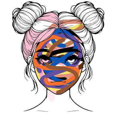 realistic girl with two buns on top of her head