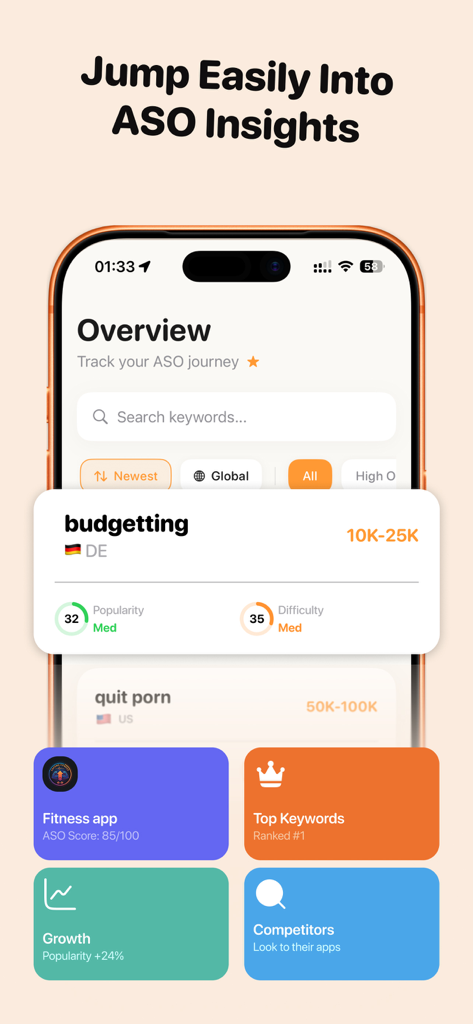 ASO Keyword Tracker: RanklyApp - Tableau de bord du tracker de mots-clés ASO montrant la popularité et les métriques de difficulté des mots-clés sur un écran d'iPhone