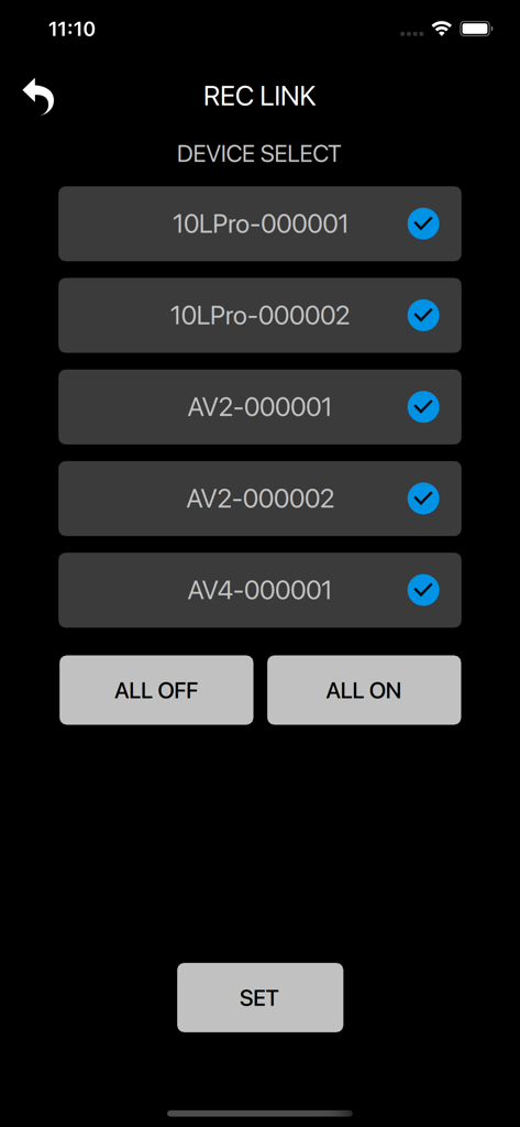 TASCAM RECORDER CONNECT - TASCAM RECORDER CONNECT interface showing five recording units selected in the device selection menu