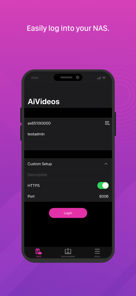 AiVideos - ASUSTOR NAS - AiVideos mobile app login screen for connecting to an ASUSTOR NAS with custom setup options