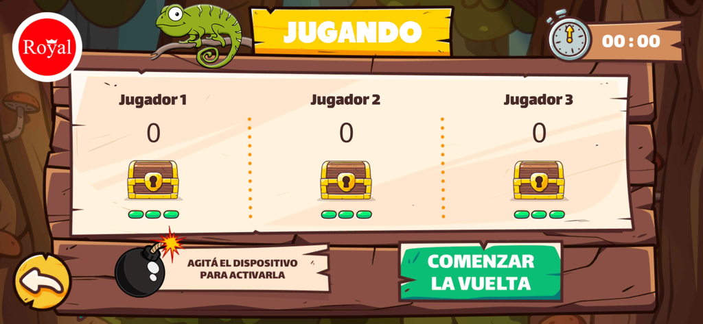 Camaleon App - Gameplay interface of Camaleon App showing three player scores and a bomb activation feature.
