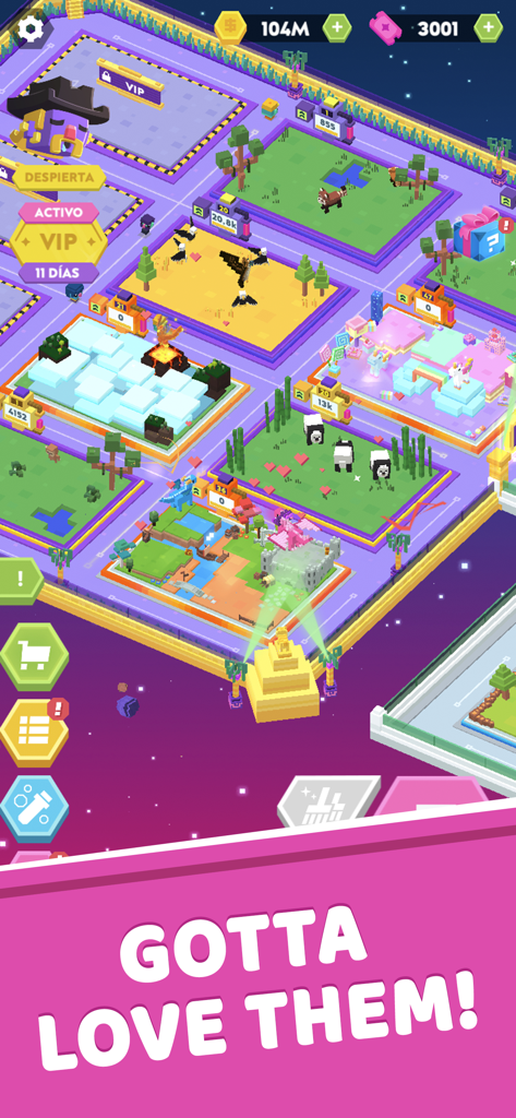 Idle Star Zoo: Universe Tycoon - Vista isométrica de coloridos hábitats de animales en un juego de magnate de zoológico espacial alienígena