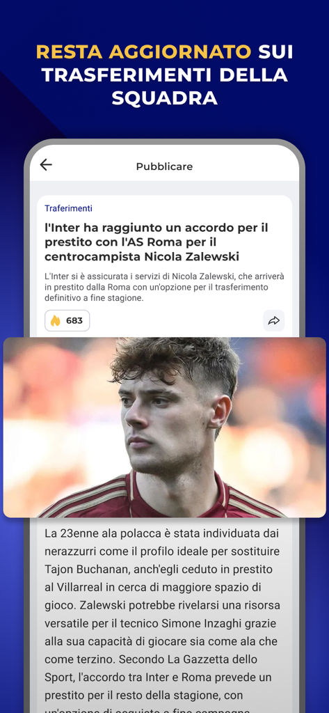Inter Live - News & Matches - Inter Live app displaying transfer news about player Nicola Zalewski