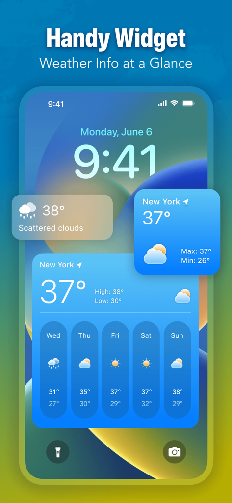 Live Weather Forecast & Radar - Pantalla de bloqueo del iPhone que muestra varios widgets meteorológicos con la temperatura actual y el pronóstico semanal