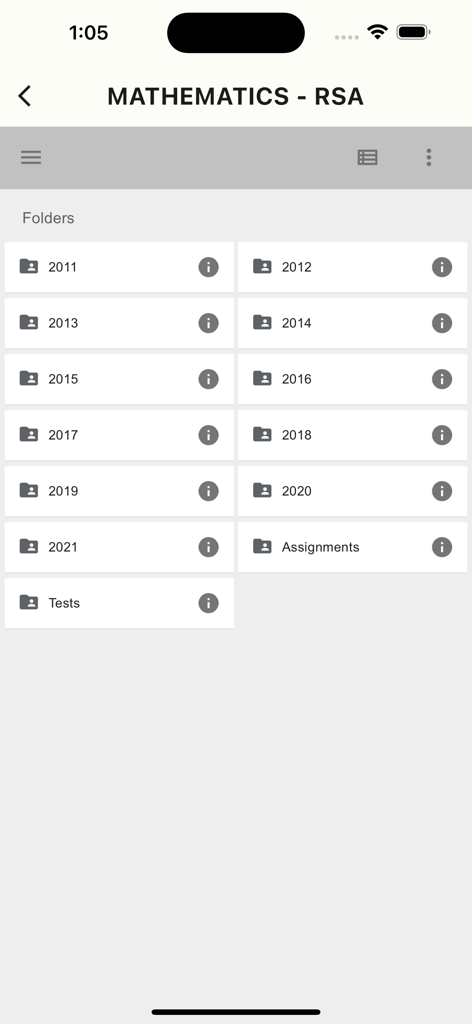 Grade 8 Exam Papers - Mobile app interface showing folders for Grade 8 Mathematics past exam papers organized by year.