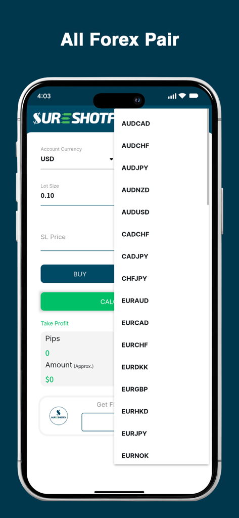 SureShotFX - Pip Calculator - SureShotFX Pip Calculator interface showing a selection list of various Forex currency pairs.