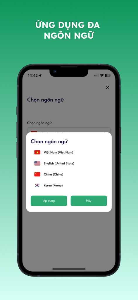 Language selection screen in the Thuelai driver app with options for Vietnamese English Chinese and Korean