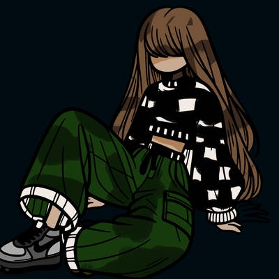 a girl with baggy pants and a crop top with long hair