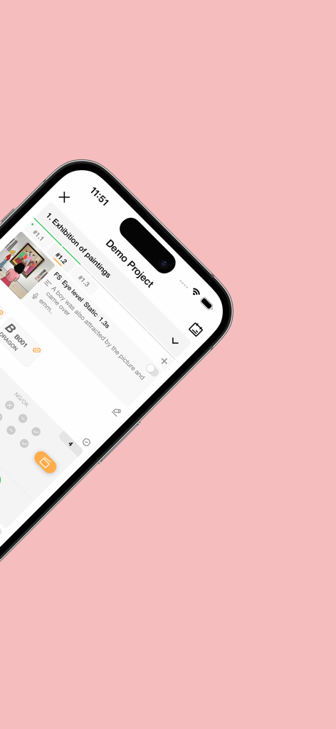 Previs Shot app interface on an iPhone displaying a film production shot list and scene details.