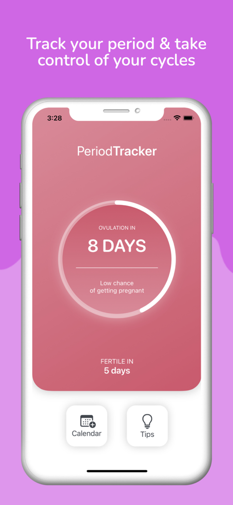 Period Tracker, Cycle Tracking - Home screen of the Period Tracker app displaying a countdown to ovulation and fertility status