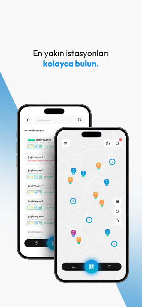 Voltrun - Two smartphones displaying the Voltrun app showing a map of nearby electric vehicle charging stations and a detailed station list.
