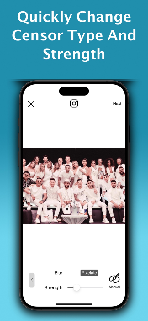 Smartphone screen showing a group photo with multiple faces pixelated and adjustable censorship strength settings.