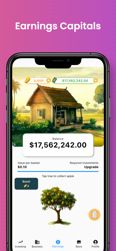 Sim Life - Business Simulator - A gameplay screen of Sim Life showing an apple tree used to collect earnings and a large virtual bank balance.
