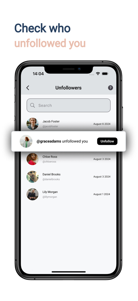 Interfaccia dell'app InstaFollow che mostra un elenco di recenti non follower con una notifica sovrapposta per un account specifico