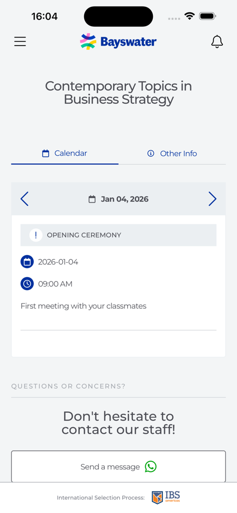 IBS Americas - Interface do aplicativo IBS Americas mostrando o calendário do programa para um curso de estratégia de negócios com detalhes da cerimônia de abertura.