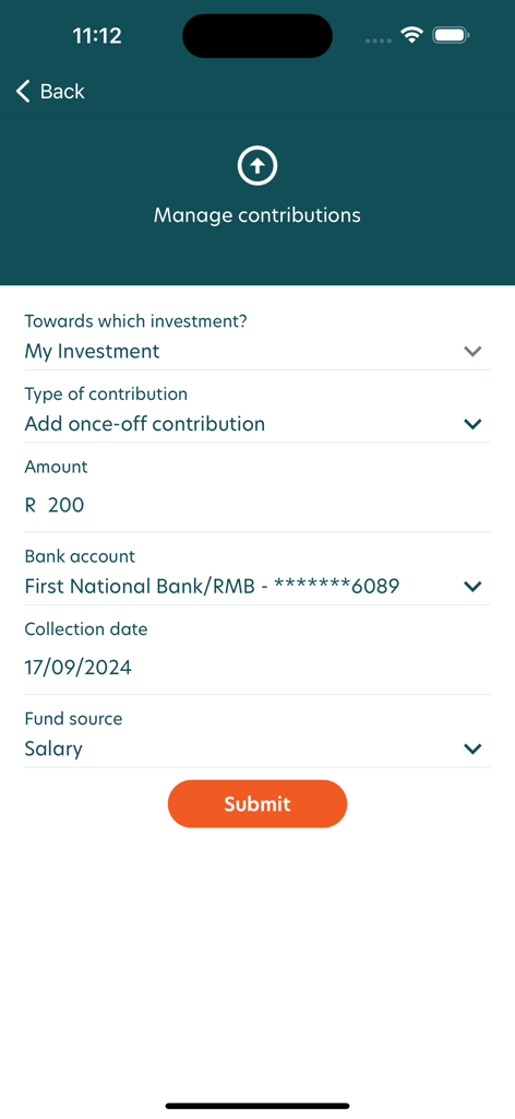 Alexforbes Invest - A screenshot of the Alexforbes Invest app showing the Manage contributions screen with options for one-off payments and bank details.