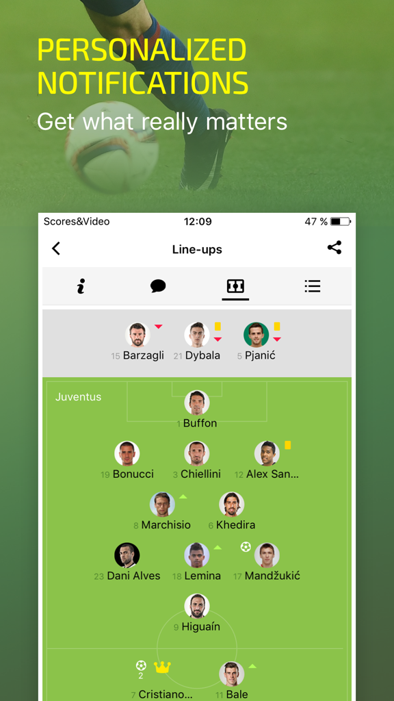 Scores & Video: soccer 2018 - Interface d'une application de football affichant les compositions tactiques et les formations des joueurs pour un match