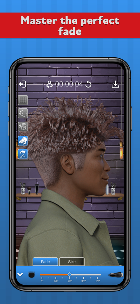 Barber Chop 2 - A mobile screen showing the Barber Chop 2 app with a character getting a professional fade haircut.