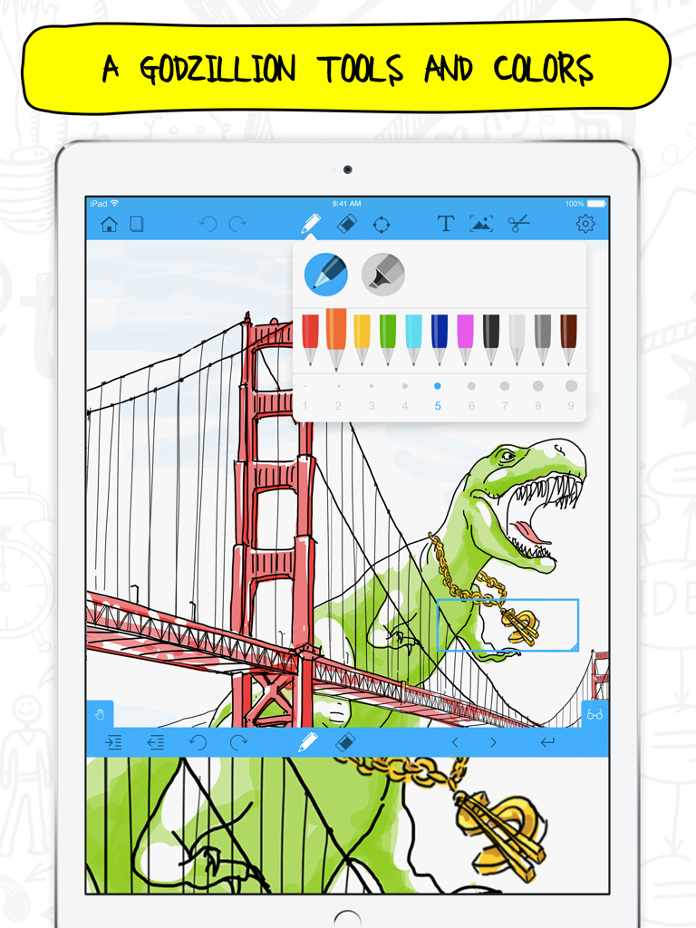 Notepad+ Pro - Una pantalla de iPad que muestra la aplicación Notepad Pro con un dibujo colorido y una selección de herramientas de bolígrafo