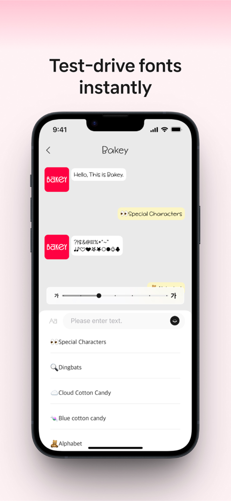 Bakey-App-Bildschirm mit einer Live-Vorschau verschiedener Schriftarten in einer Chat-Oberfläche