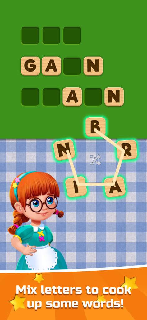Word Sauce: Connect Puzzle! - Capture d'écran du gameplay de Word Sauce montrant un joueur connectant des lettres pour former le mot "brain" avec un personnage de dessin animé mignon sur fond à carreaux bleus
