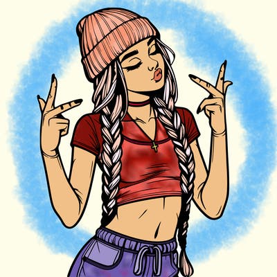 realistic teenage girl with braids and a beanie and crop top doing 🫶🏼