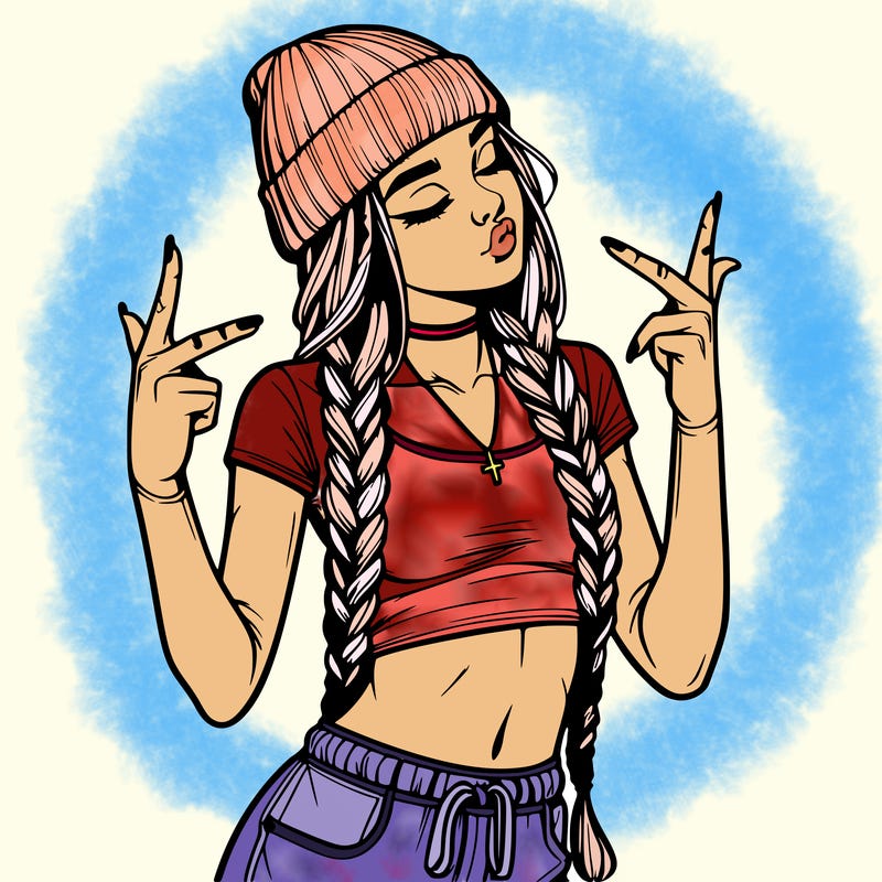 realistic teenage girl with braids and a beanie and crop top doing 🫶🏼