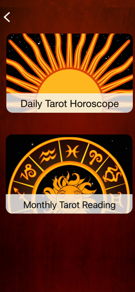 App screen showing daily tarot horoscope and monthly tarot reading options.