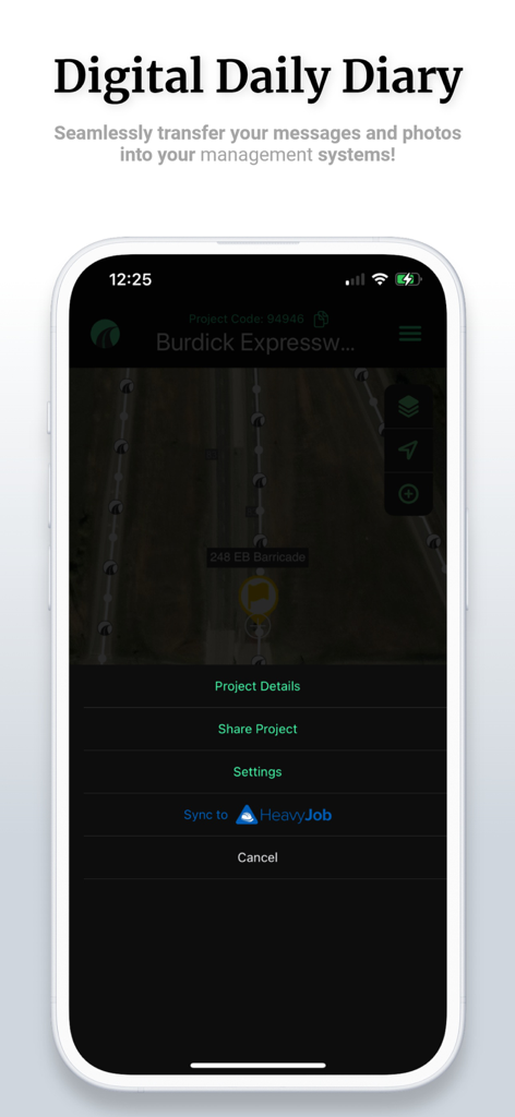 OnStation - Digital Stationing - OnStation app interface showing the Digital Daily Diary feature with options to sync project data to HeavyJob.
