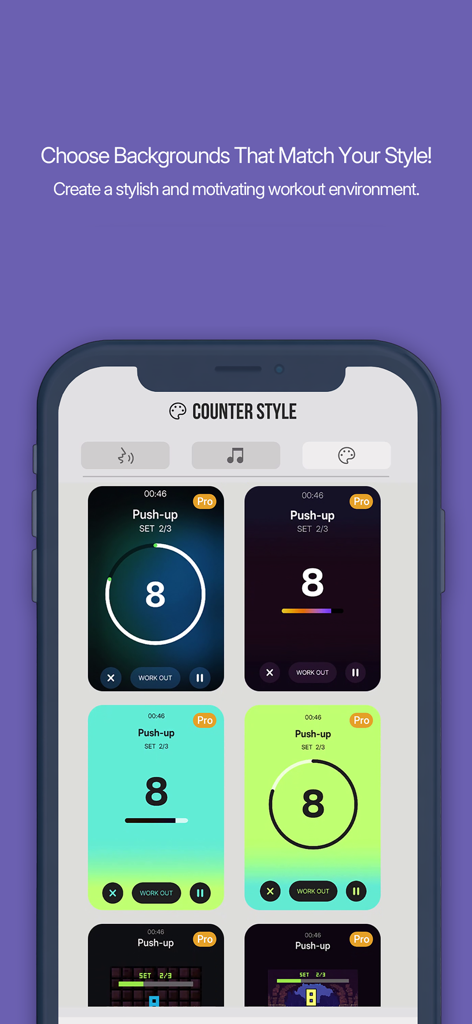 My Voice Counter : AI Trainer - Selección de temas de fondo elegantes y coloridos para el contador de repeticiones en My Voice Counter app.