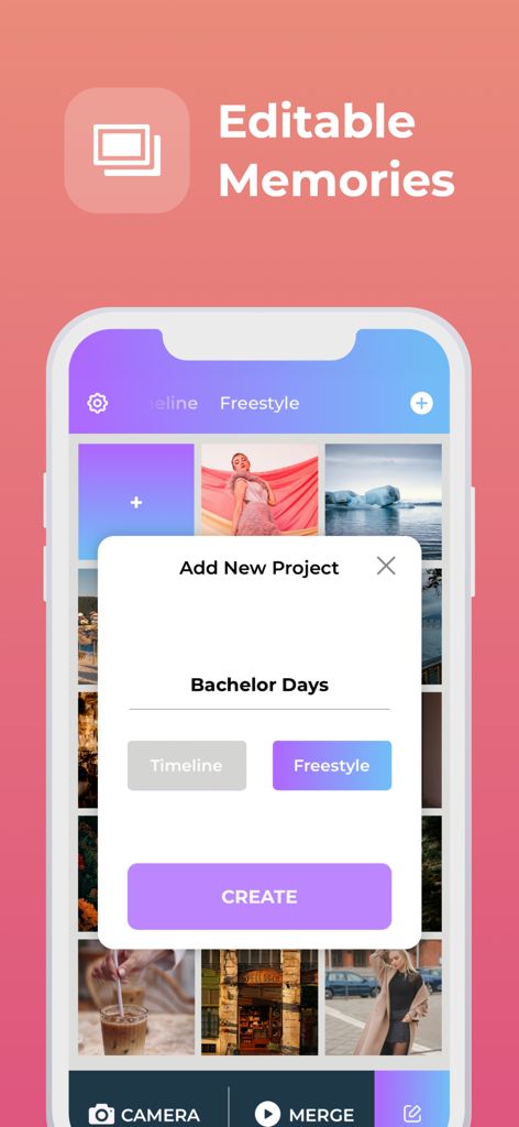 Private Video Dairy & Journal - Pantalla de móvil que muestra la función de Recuerdos Editables y una ventana emergente de creación de nuevo proyecto en la aplicación Private Video Diary.