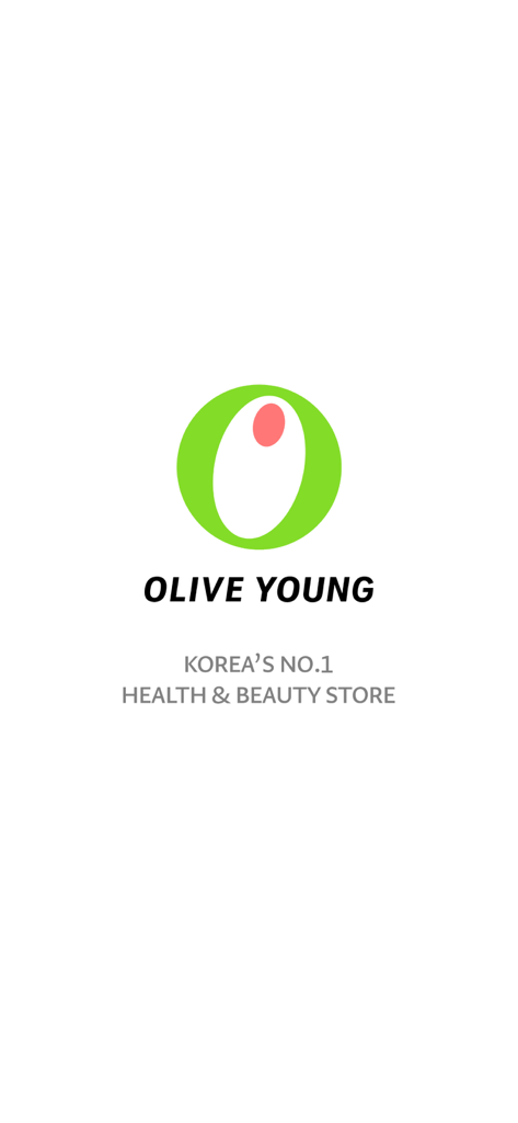 Olive Young Global App Splashscreen mit dem grünen und roten Olivenlogo und dem Slogan Koreas Nr. 1 Gesundheits- und Schönheitsgeschäft