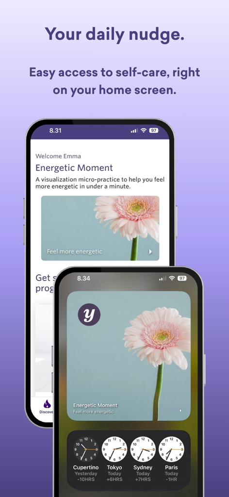 Yogaia mobile app interface showcasing a daily nudge widget for easy access to self care