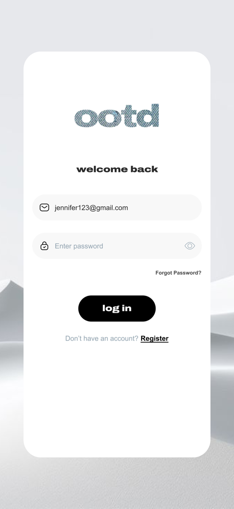 Login screen for the OOTD Fashion app showing email and password input fields and a log in button.