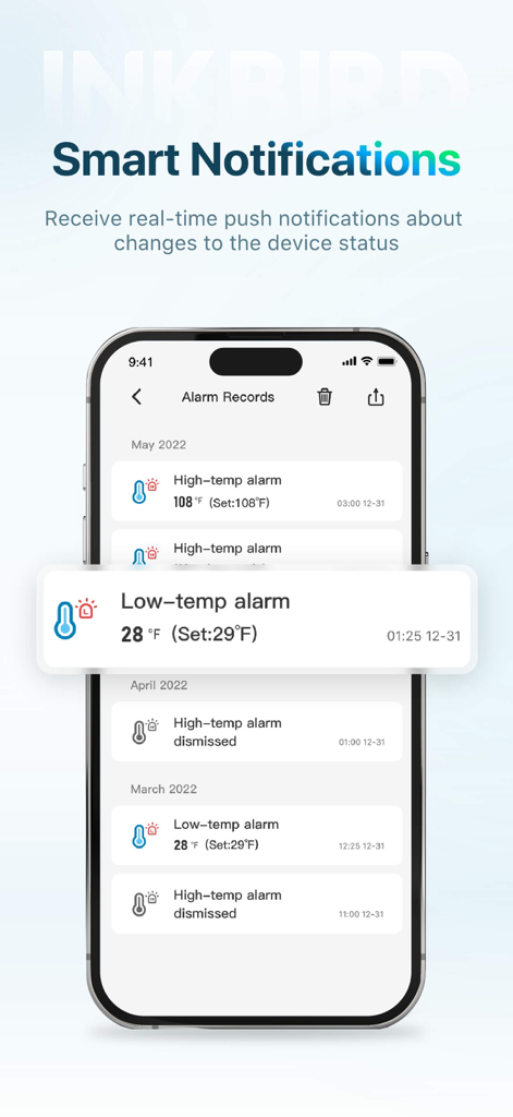 INKBIRD - INKBIRD app interface showing smart notifications and temperature alarm records