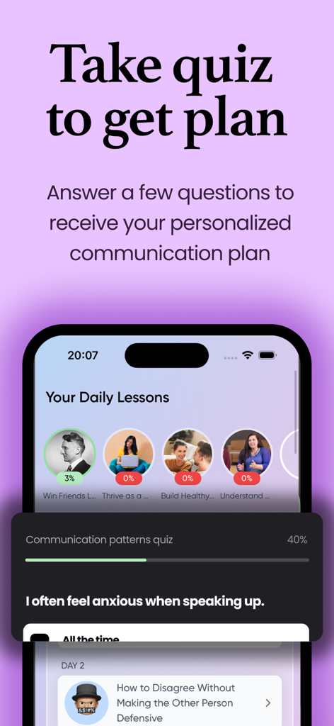 Écran d'application mobile montrant un quiz personnalisé sur les compétences en communication et un plan de leçons quotidiennes.