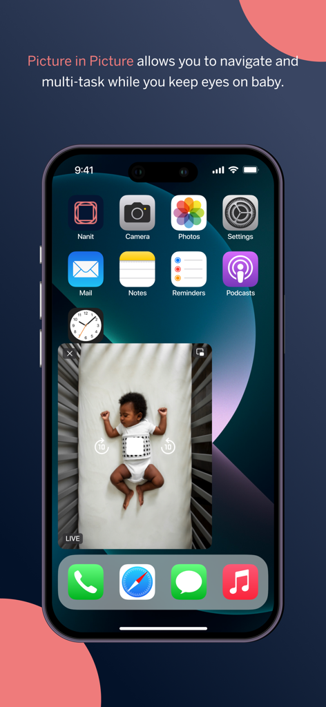 Pantalla de inicio de iPhone que muestra la transmisión del monitor de bebé en vivo de Nanit en modo imagen sobre imagen