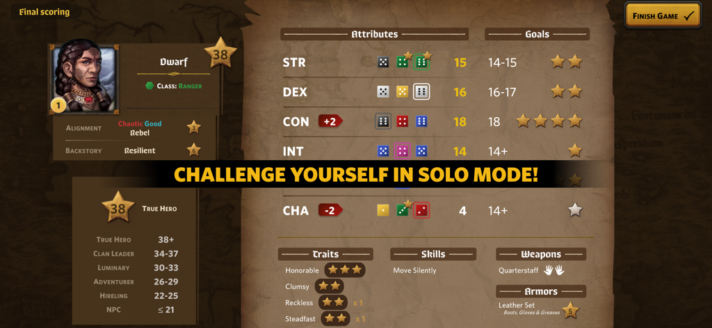 Roll Player - The Board Game - Final scoring screen in Roll Player showing a completed character sheet and solo mode banner