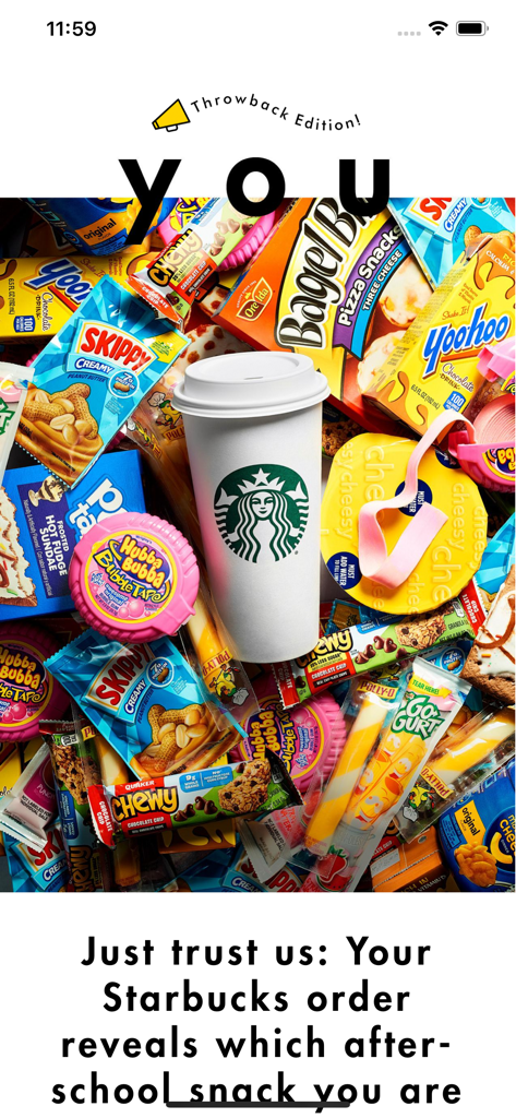 A personality quiz on the Cosmopolitan app comparing Starbucks orders to after school snacks.