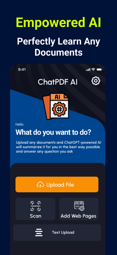 ChatPDF AI: Scan & Summarize - Home screen of ChatPDF AI app featuring document upload and scanning tools for AI powered summarization