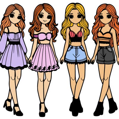 4 girls in dresses and 4 girls in shorts and crop tops