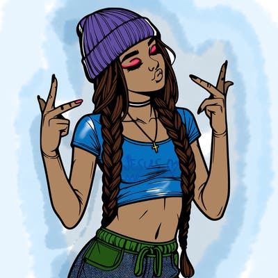 realistic teenage girl with braids and a beanie and crop top doing 🫶🏼