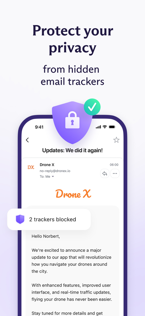 Proton Mail - Encrypted Email - Proton Mailアプリのインターフェース。プライバシー保護のために2つの非表示メールトラッカーがブロックされたという通知が表示されています。