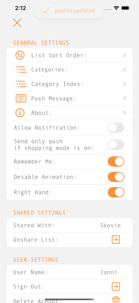 Dosmo - Settings screen of the Dosmo app showing general shared and user preferences